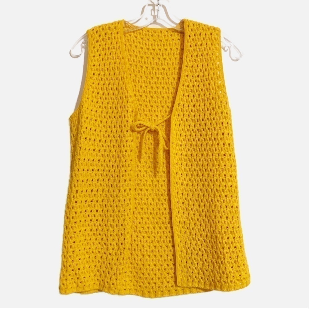 Vintage Handmade Open Knit Retro Mustard Yellow Sweater Vest Open Front Tie.